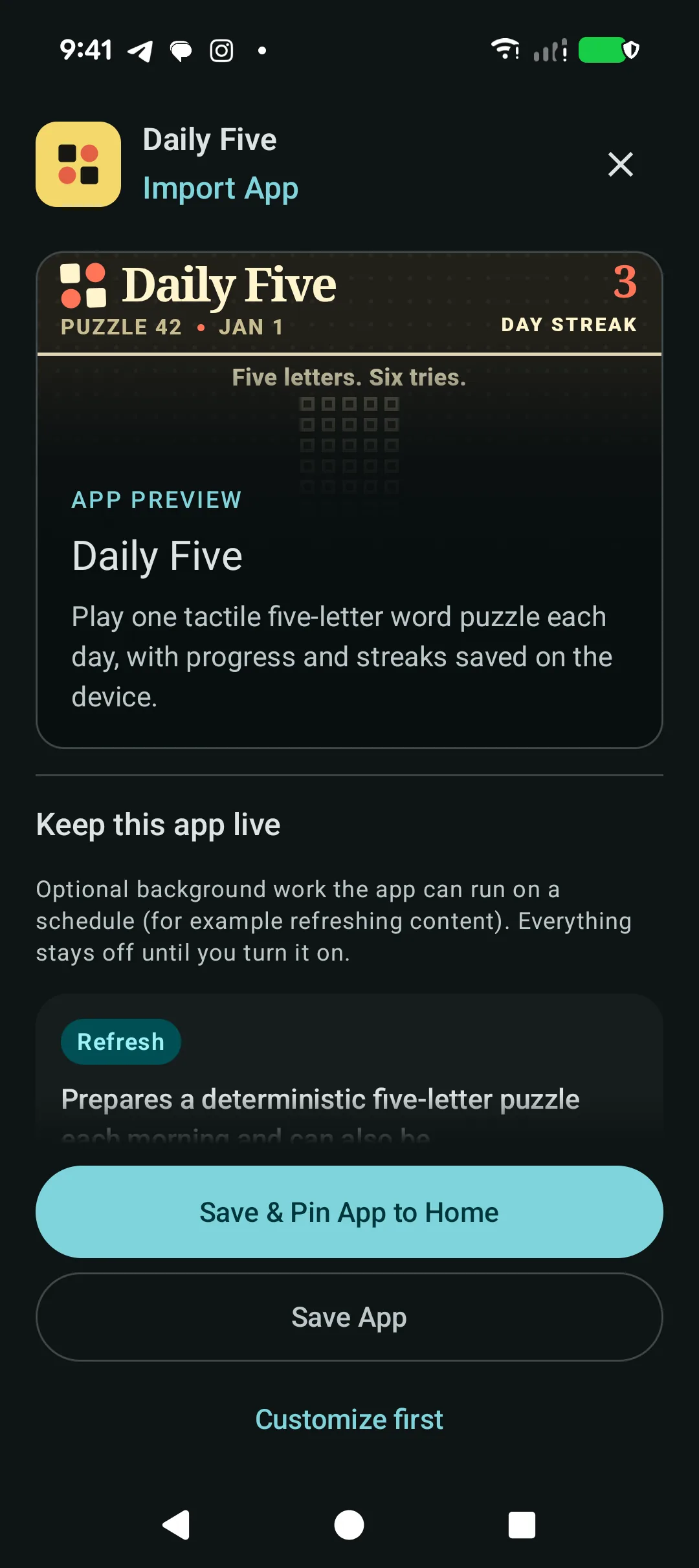 Mechanly Import App screen with Save and Customize first choices