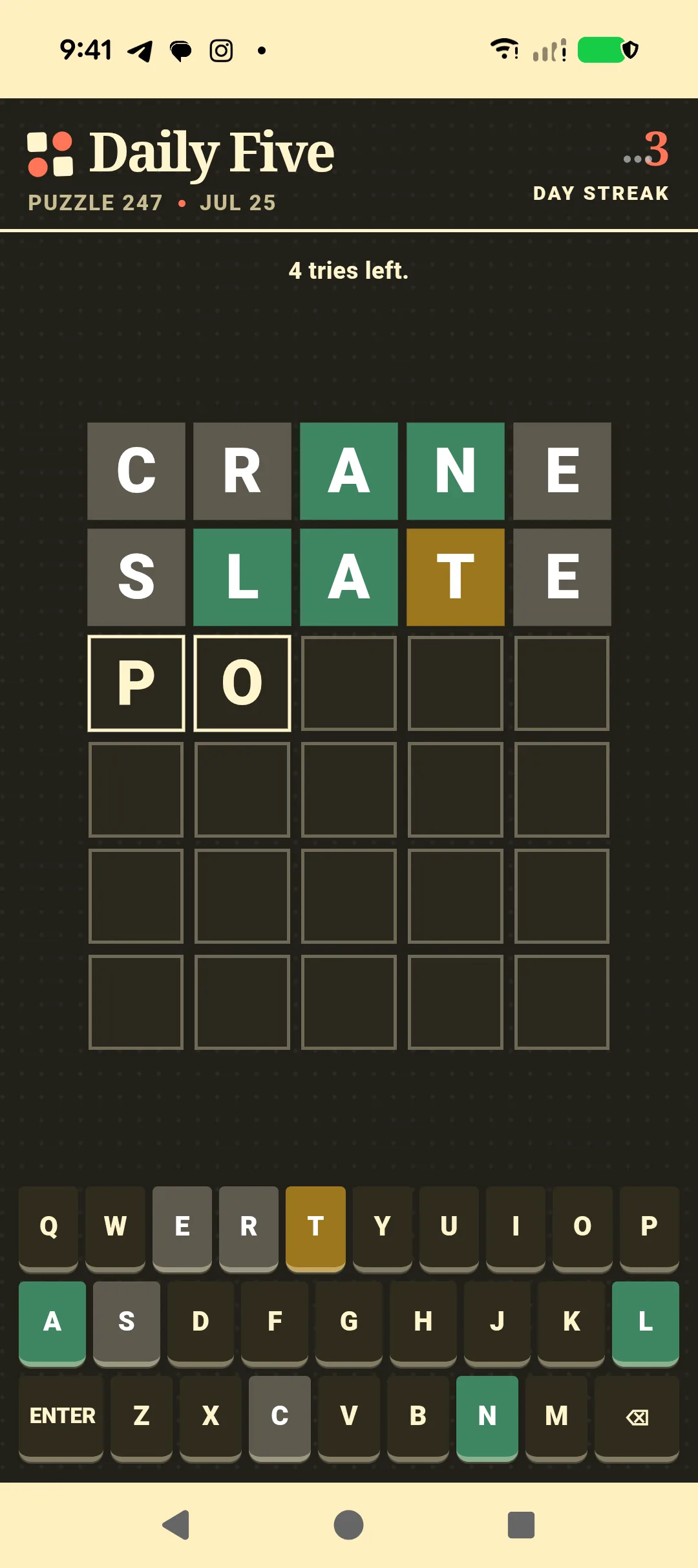 Playable Daily Five word game running inside Mechanly on a Pixel Fold
