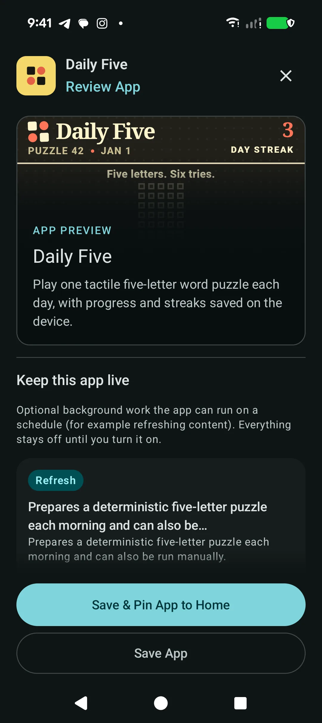 Daily Five review screen showing the App preview and its optional backing action
