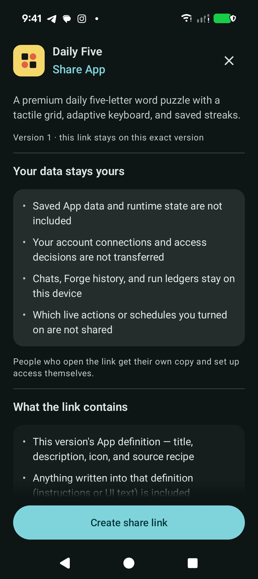 Mechanly Share App screen explaining which private data is excluded