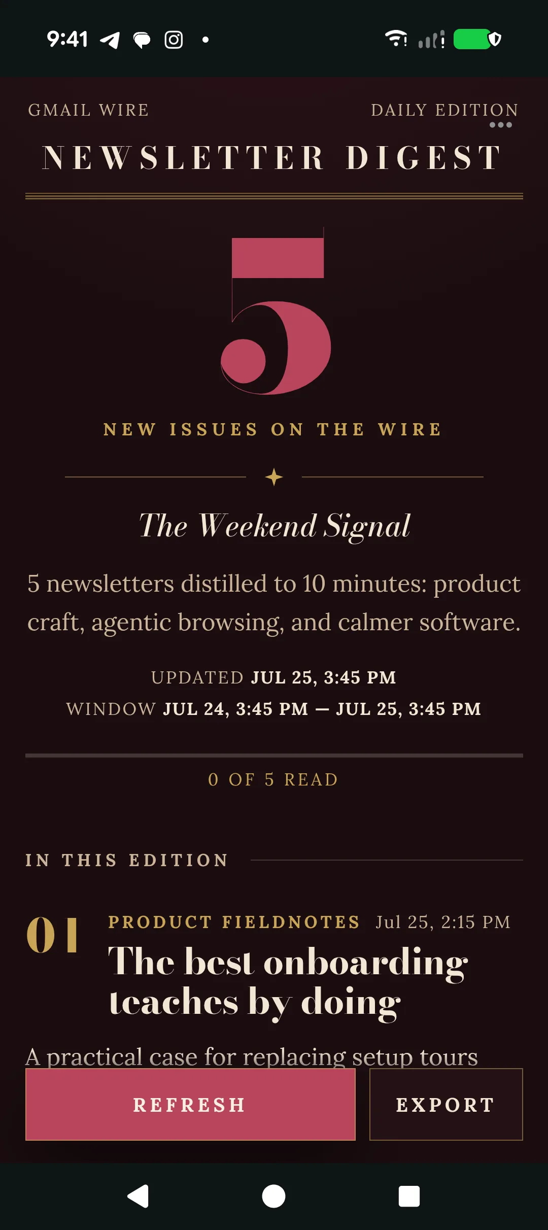Newsletter Digest Mech App showing a compact editorial reading brief