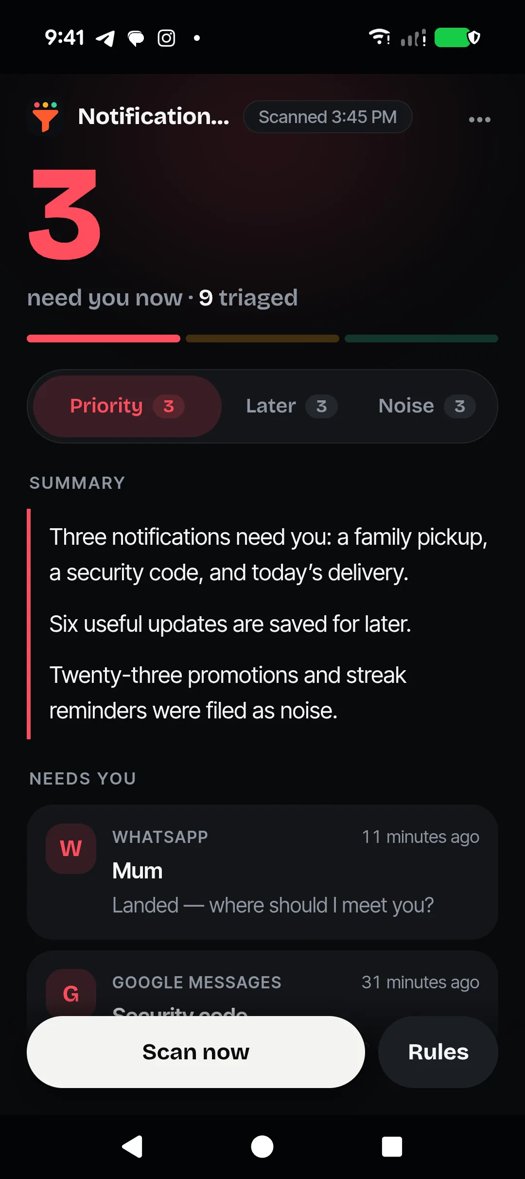Notification Triage Mech App showing which phone notifications need attention