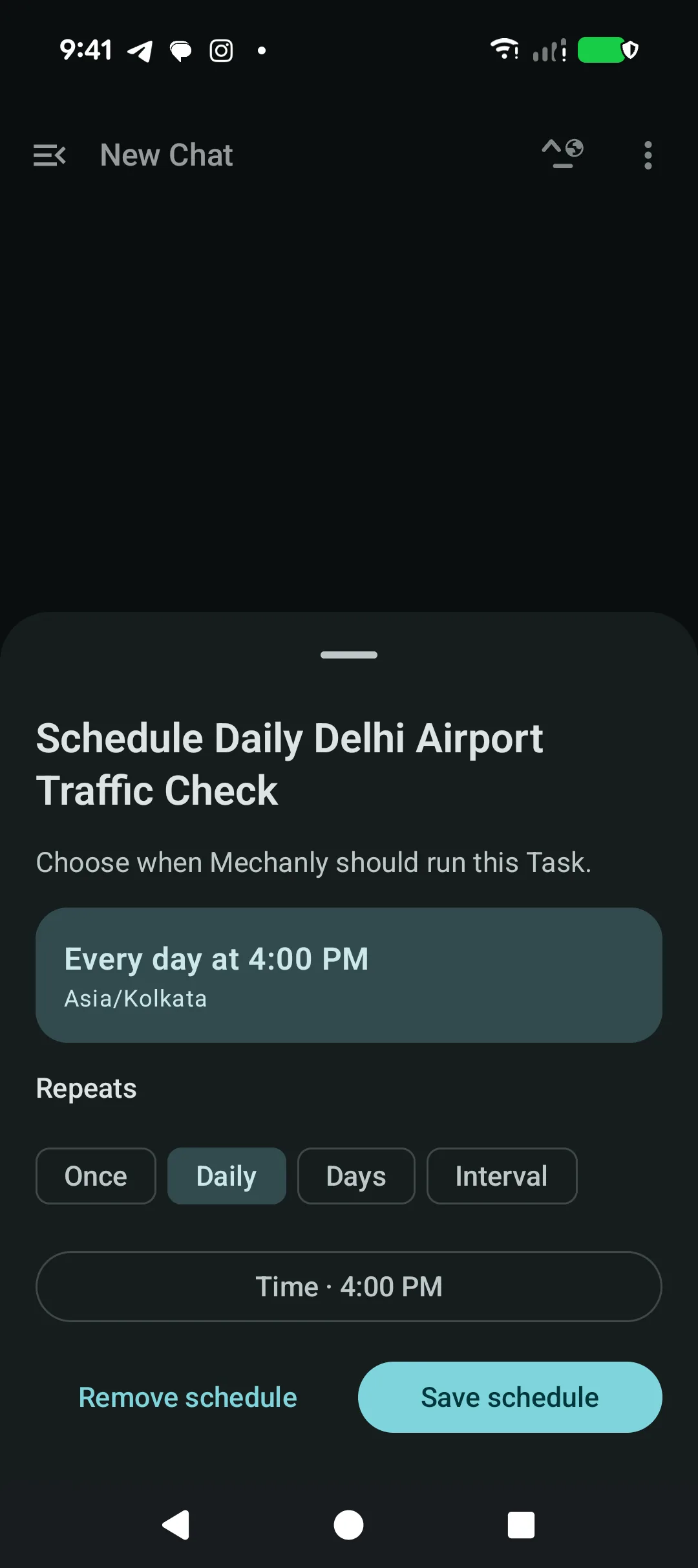 Mechanly schedule editor showing once, daily, days, and interval choices