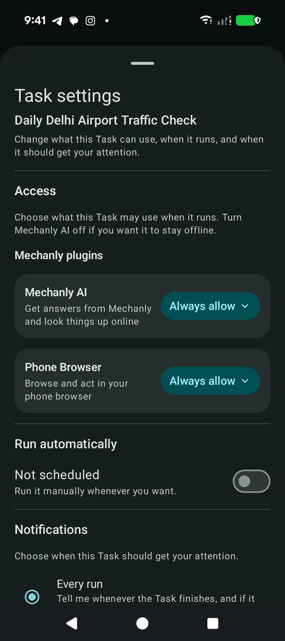 Mechanly Task settings showing explicit AI and Phone Browser access, schedule, and notification controls