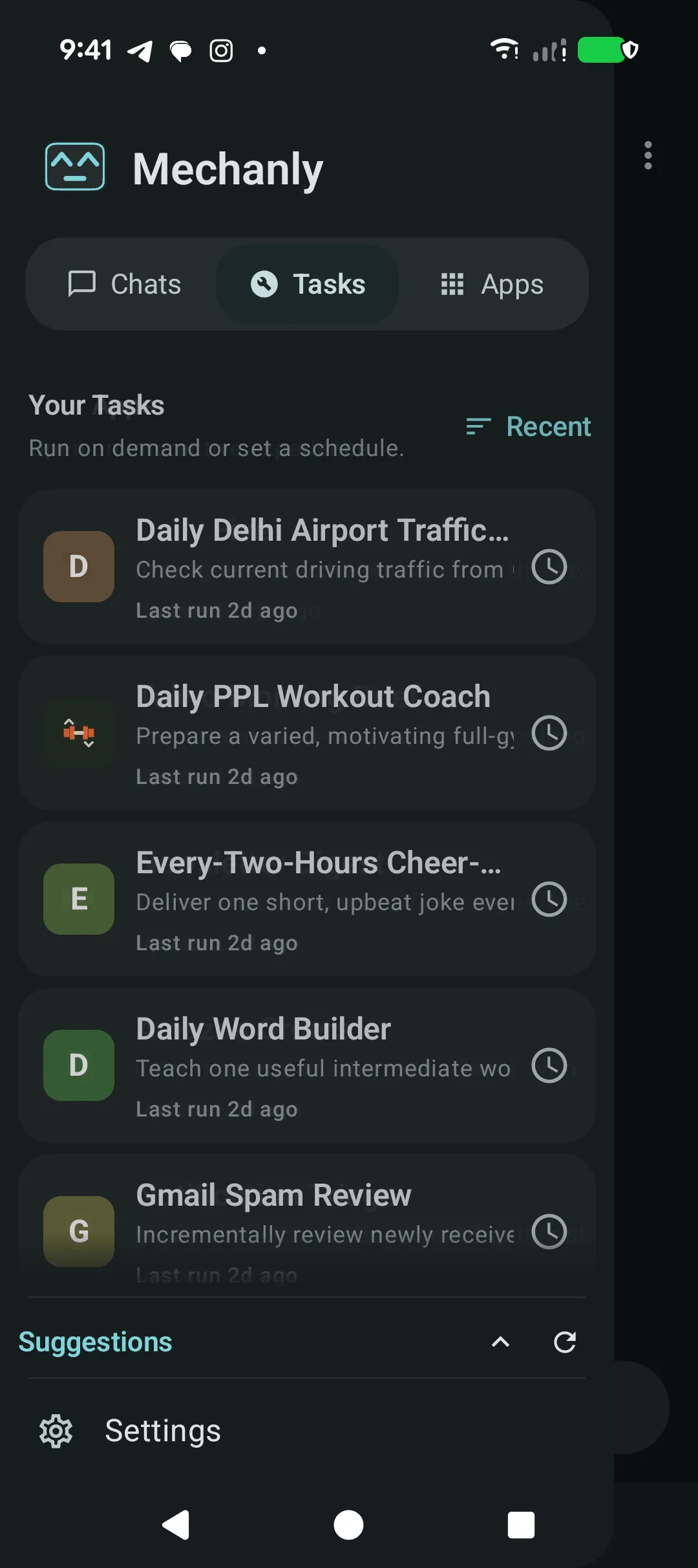 Mechanly Tasks library showing several saved recurring tasks