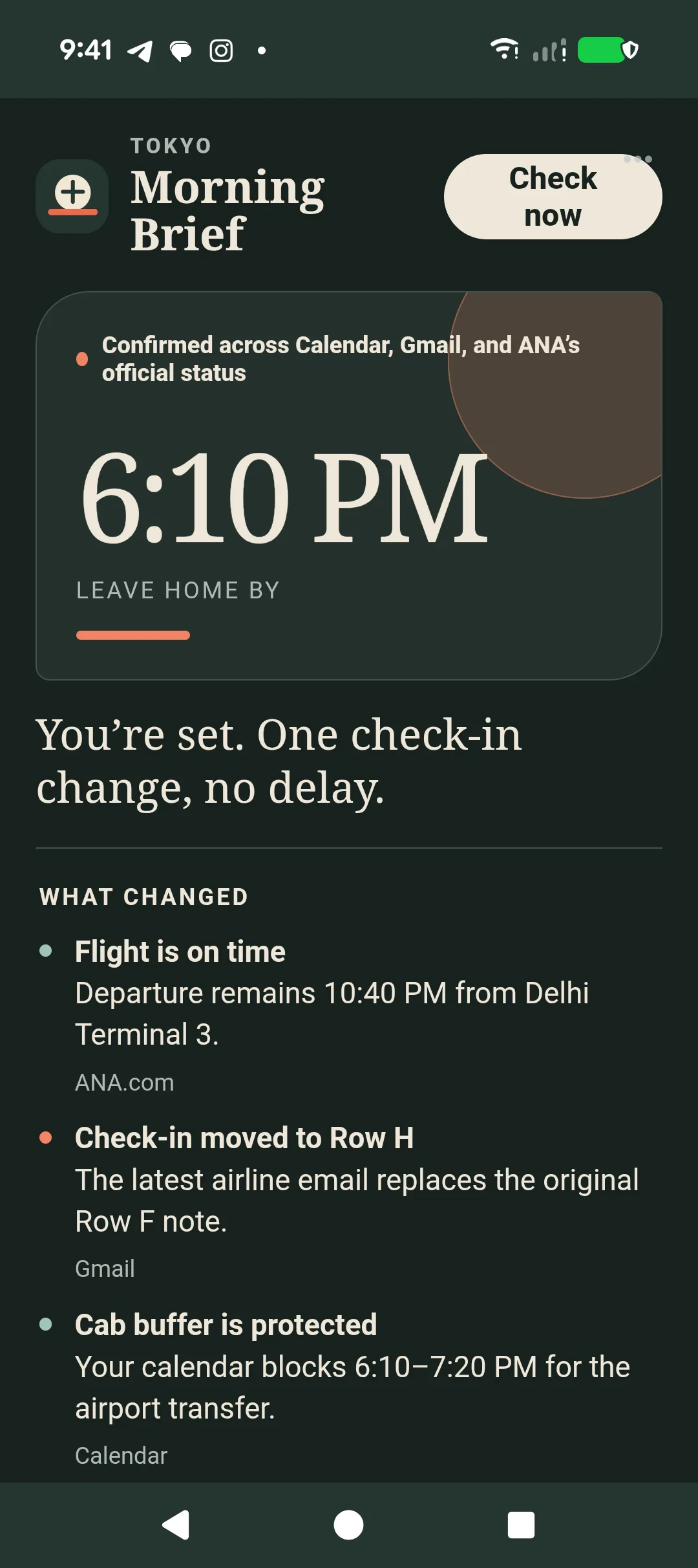 Tokyo Morning Brief Mech App combining calendar, Gmail, and airline status